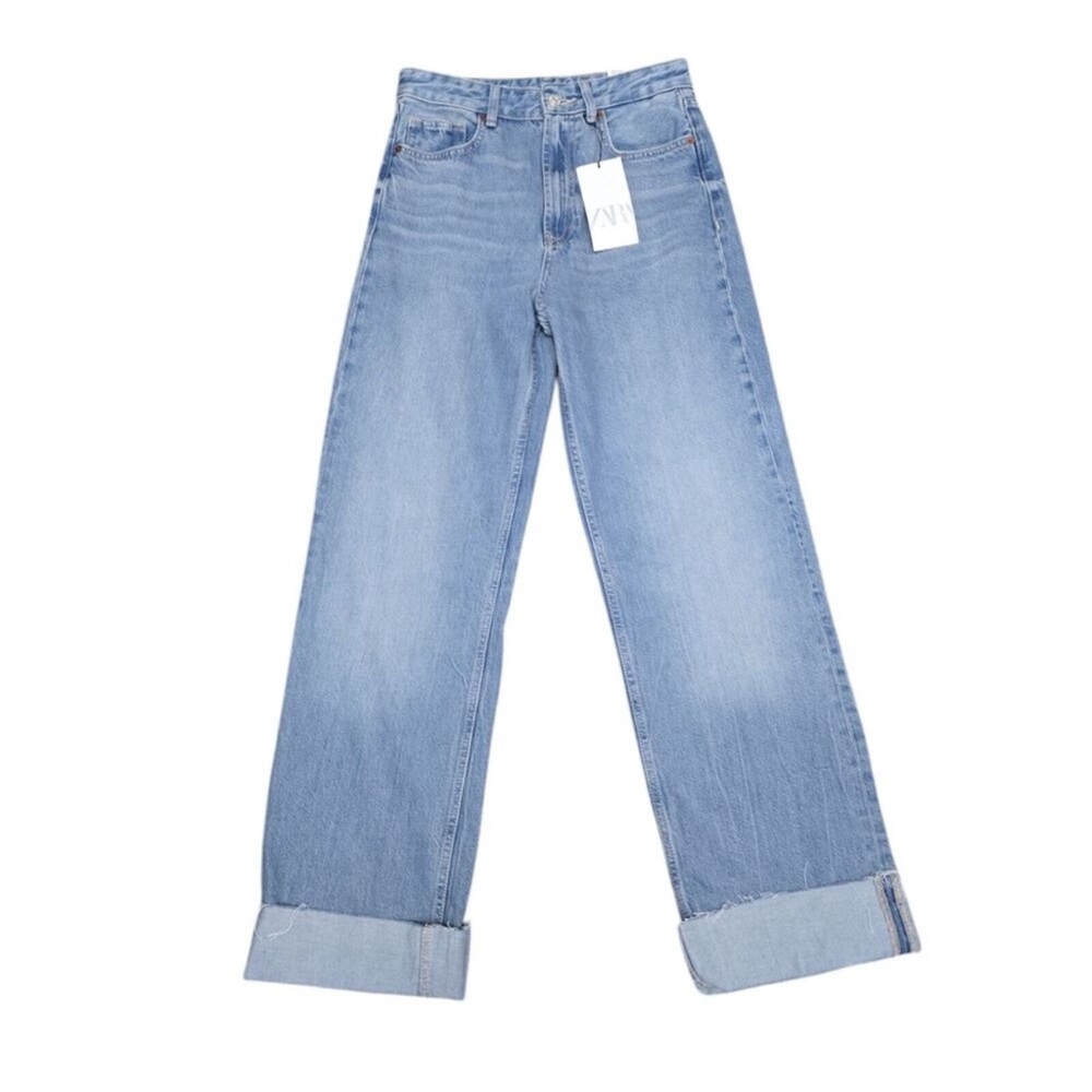 NWT Zara High Waist Wide Leg Raw Hem Cuffed Jeans